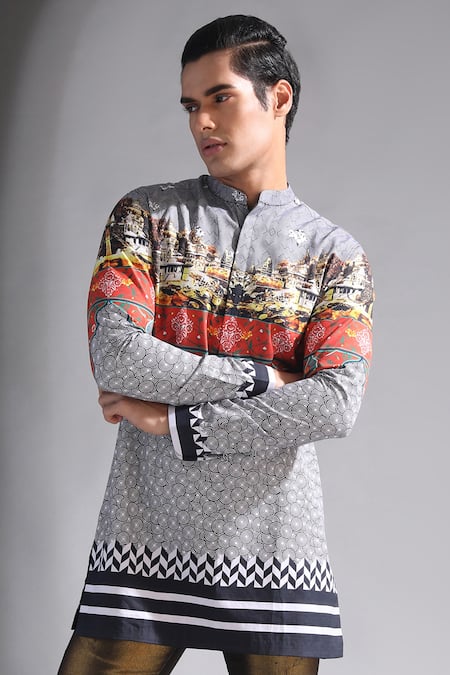 Buy_MR. Ajay Kumar_Black Cotton Benares Landscape Printed Short Kurta _Online_at_Aza_Fashions