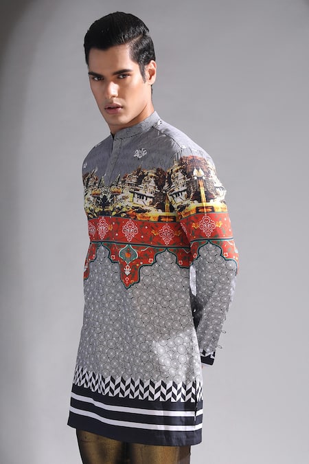 Shop_MR. Ajay Kumar_Black Cotton Benares Landscape Printed Short Kurta _Online_at_Aza_Fashions