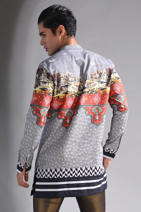 MR. Ajay Kumar_Black Cotton Benares Landscape Printed Short Kurta _at_Aza_Fashions