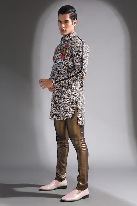 MR. Ajay Kumar_Black Cotton Leopard Print Kurta With Concealed Placket _Online_at_Aza_Fashions