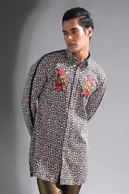 Buy_MR. Ajay Kumar_Black Cotton Leopard Print Kurta With Concealed Placket _Online_at_Aza_Fashions