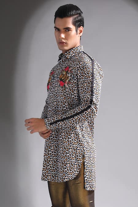 Shop_MR. Ajay Kumar_Black Cotton Leopard Print Kurta With Concealed Placket _Online_at_Aza_Fashions