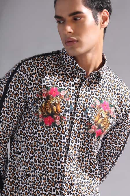 MR. Ajay Kumar_Black Cotton Leopard Print Kurta With Concealed Placket _at_Aza_Fashions