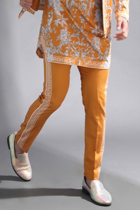 MR. Ajay Kumar_Yellow Cotton, Lycra Side Stripe Printed Trouser _Online_at_Aza_Fashions