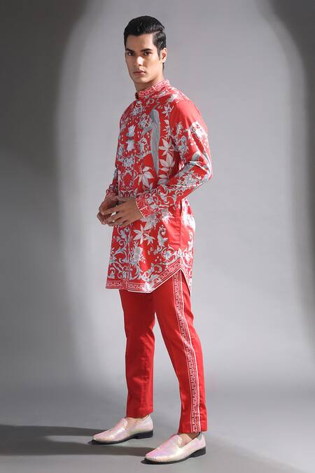 MR. Ajay Kumar_Red Cotton, Lycra Printed Side Striper Trouser _Online_at_Aza_Fashions