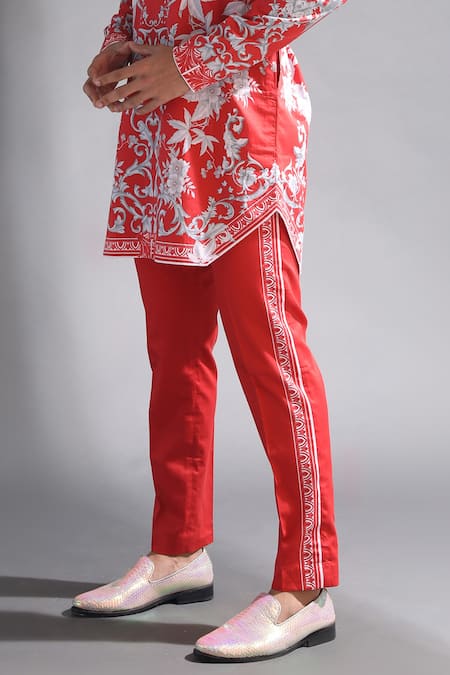 Buy_MR. Ajay Kumar_Red Cotton, Lycra Printed Side Striper Trouser _Online_at_Aza_Fashions