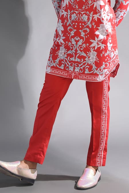 Shop_MR. Ajay Kumar_Red Cotton, Lycra Printed Side Striper Trouser _Online_at_Aza_Fashions