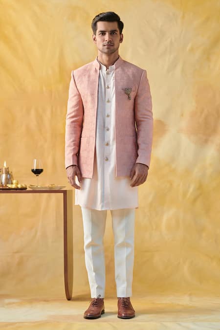 Shop_Philocaly_Peach 100% Silk Dandelion Embroidered Bandhgala Set _at_Aza_Fashions