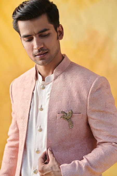 Philocaly_Peach 100% Silk Dandelion Embroidered Bandhgala Set _Online_at_Aza_Fashions