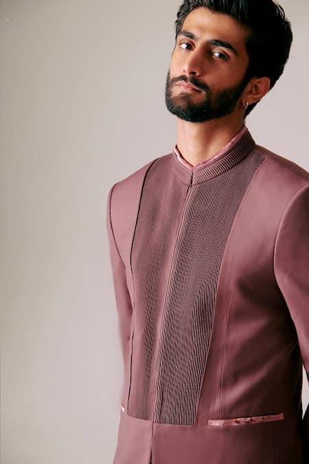 Philocaly_Wine 100% Perennial Wool Plain Jashn Pintuck Bandhgala _Online_at_Aza_Fashions