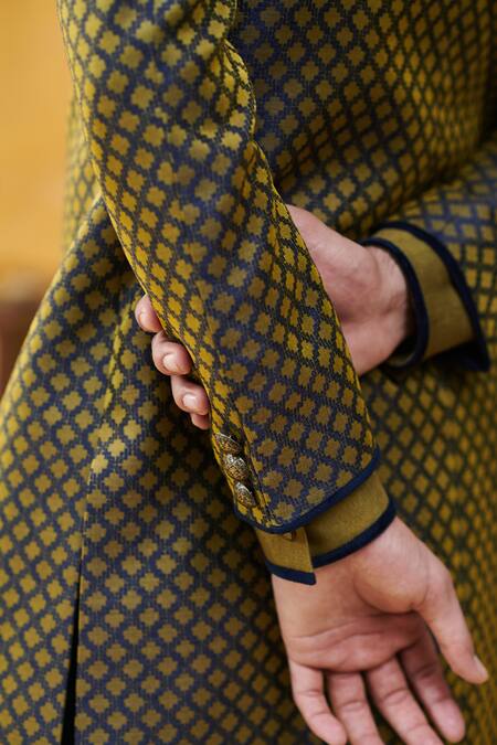 Buy_Philocaly_Green Wool By Silk Geometric Martini Jacquard Woven Sherwani_Online_at_Aza_Fashions