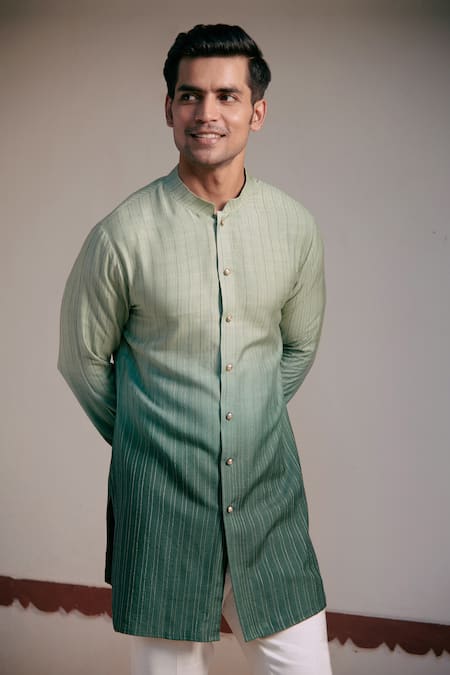 Philocaly_Green Cotton Silk Zari Leher Ombre Kurta _Online_at_Aza_Fashions