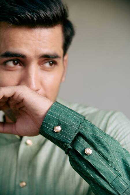 Shop_Philocaly_Green Cotton Silk Zari Leher Ombre Kurta _Online_at_Aza_Fashions