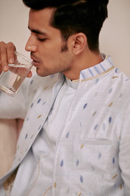 Philocaly_Blue 100% Silk Thread Ankurita Bundi Kurta Set_Online_at_Aza_Fashions