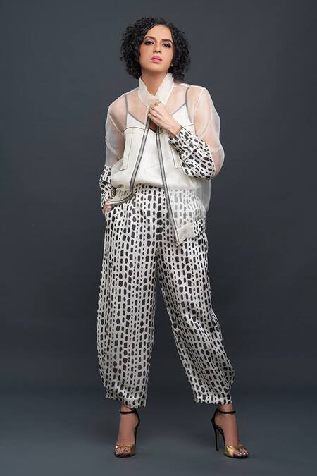 Bodhi Tree White Silk Organza Embroidery Cami Top V-neck Jacket Band Collar And Pant Set Online at Aza Fashions Bodhi Tree_White Silk Organza Embroidery Cami Top V-neck Jacket Band Collar And Pant Set _Online_at_Aza_Fashions