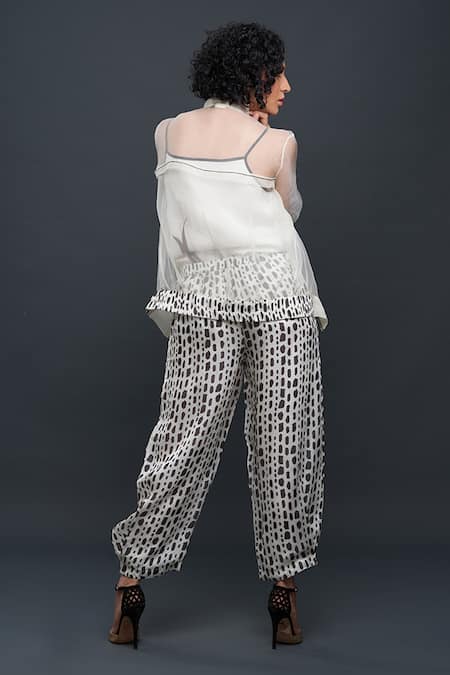 Shop Bodhi Tree White Silk Organza Embroidery Cami Top V-neck Jacket Band Collar And Pant Set at Aza Fashions Shop_Bodhi Tree_White Silk Organza Embroidery Cami Top V-neck Jacket Band Collar And Pant Set _at_Aza_Fashions