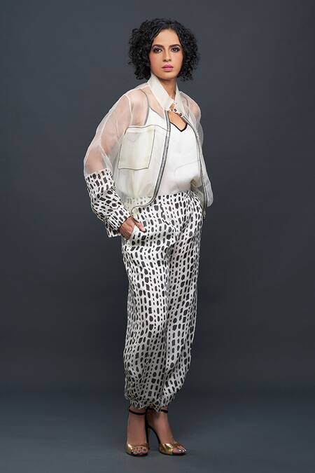 Buy Bodhi Tree White Silk Organza Embroidery Cami Top V-neck Jacket Band Collar And Pant Set Online at Aza Fashions Buy_Bodhi Tree_White Silk Organza Embroidery Cami Top V-neck Jacket Band Collar And Pant Set _Online_at_Aza_Fashions