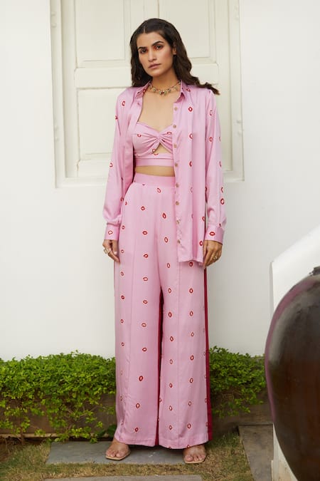 Aapro Pink Modal Bandhej Collared Neck Peonie Pant Set With Shirt 