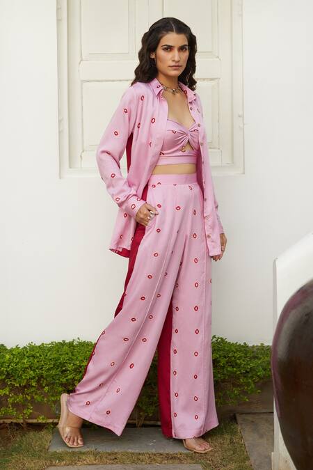 Shop Aapro Pink Modal Bandhej Collared Neck Peonie Pant Set With Shirt at Aza Fashions Shop_Aapro_Pink Modal Bandhej Collared Neck Peonie Pant Set With Shirt _at_Aza_Fashions