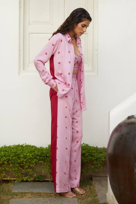 Aapro Pink Modal Bandhej Collared Neck Peonie Pant Set With Shirt Online at Aza Fashions Aapro_Pink Modal Bandhej Collared Neck Peonie Pant Set With Shirt _Online_at_Aza_Fashions