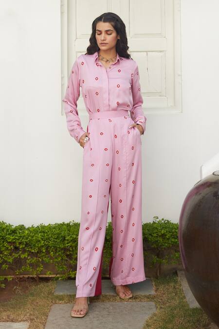 Buy Aapro Pink Modal Bandhej Collared Neck Camellia Shirt And Pant Set Online at Aza Fashions Buy_Aapro_Pink Modal Bandhej Collared Neck Camellia Shirt And Pant Set _Online_at_Aza_Fashions