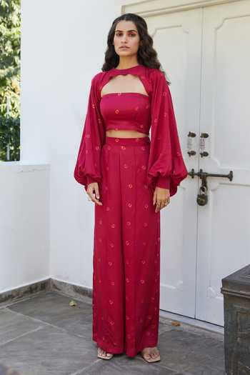 Aapro_Red Modal Bandhej Collar Hibiscus Pant Set With Crop Jacket _Online_at_Aza_Fashions
