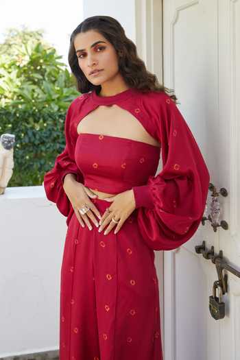 Buy_Aapro_Red Modal Bandhej Collar Hibiscus Pant Set With Crop Jacket _Online_at_Aza_Fashions