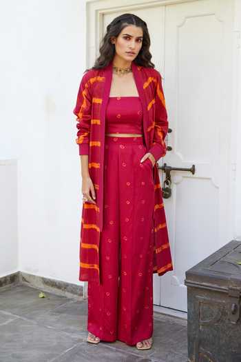 Aapro_Red Modal Bandhej, Leheriya Straight Dahlia Pant Set With Jacket _Online_at_Aza_Fashions