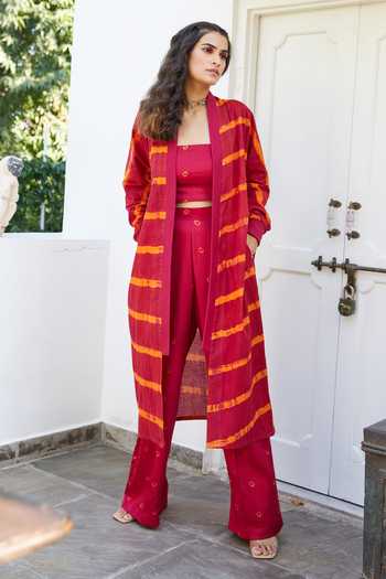 Buy_Aapro_Red Modal Bandhej, Leheriya Straight Dahlia Pant Set With Jacket _Online_at_Aza_Fashions