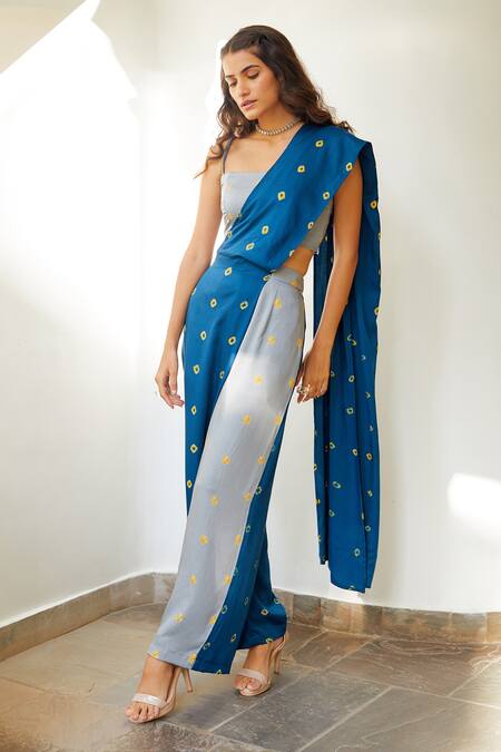 Aapro_Multi Color Modal Bandhej Square Neck Aster Draped Pant Saree_Online_at_Aza_Fashions