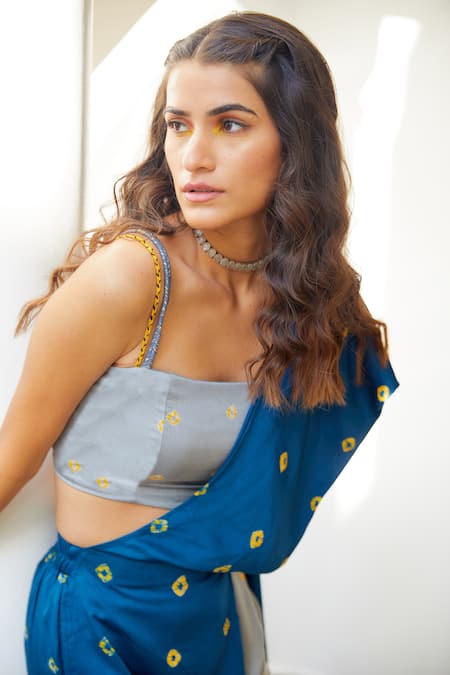 Buy_Aapro_Multi Color Modal Bandhej Square Neck Aster Draped Pant Saree_Online_at_Aza_Fashions