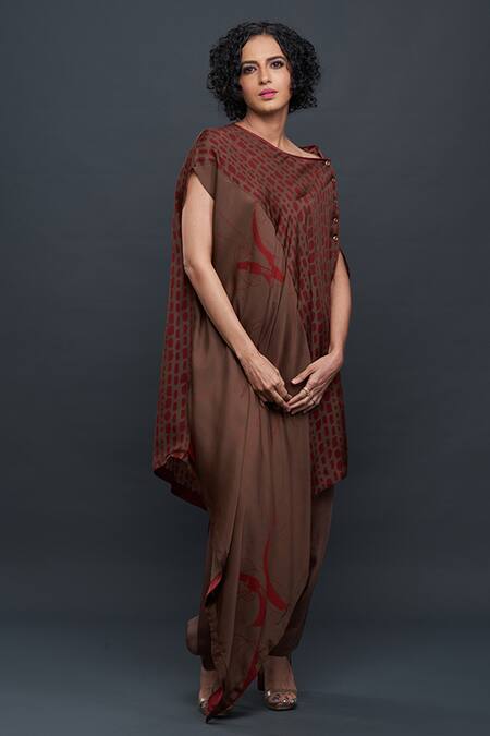 Bodhi Tree_Brown Viscose Cotton Embroidery Round Printed Asymmetric Tunic_Online_at_Aza_Fashions