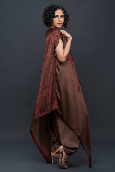 Buy_Bodhi Tree_Brown Viscose Cotton Embroidery Round Printed Asymmetric Tunic_Online_at_Aza_Fashions