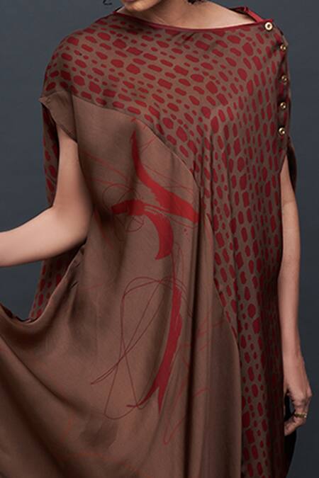 Shop_Bodhi Tree_Brown Viscose Cotton Embroidery Round Printed Asymmetric Tunic_Online_at_Aza_Fashions