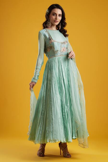 Aayushi Maniar_Blue Crepe Silk Embroidered Anarkali Set _Online_at_Aza_Fashions