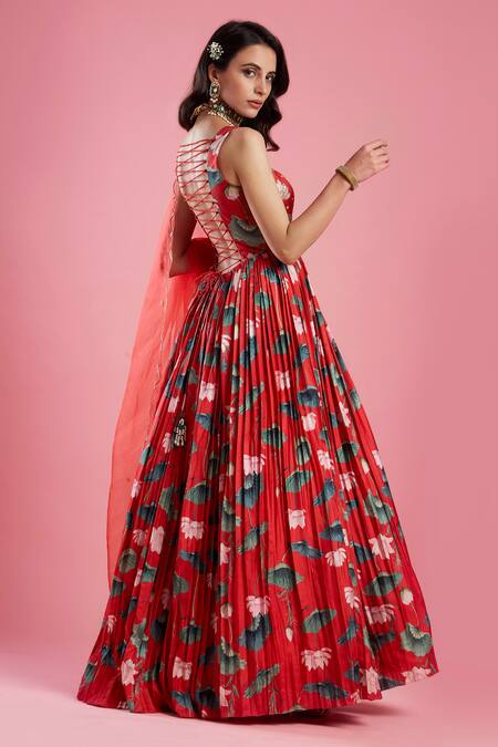 Shop Aayushi Maniar Red Organza, Dola Silk Printed Anarkali With Dupatta at Aza Fashions Shop_Aayushi Maniar_Red Organza, Dola Silk Printed Anarkali With Dupatta_at_Aza_Fashions
