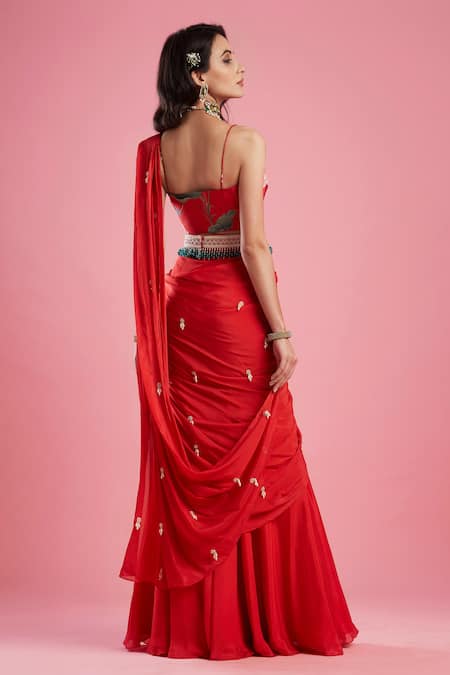 Shop Aayushi Maniar Red Crepe , Dola Printed And Draped Gharara Saree at Aza Fashions Shop_Aayushi Maniar_Red Crepe , Dola Printed And Draped Gharara Saree _at_Aza_Fashions