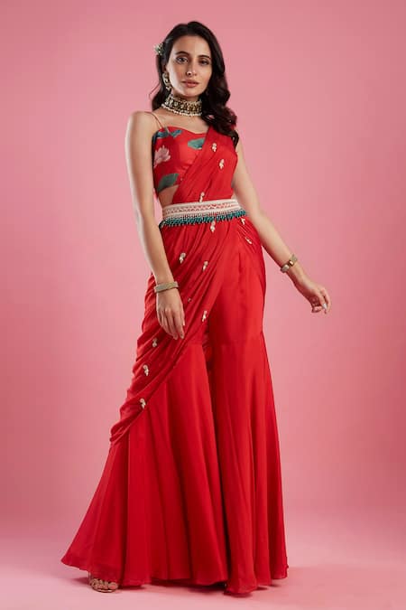 Aayushi Maniar Red Crepe , Dola Printed And Draped Gharara Saree Online at Aza Fashions Aayushi Maniar_Red Crepe , Dola Printed And Draped Gharara Saree _Online_at_Aza_Fashions