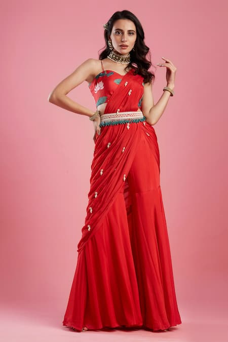 Buy Aayushi Maniar Red Crepe , Dola Printed And Draped Gharara Saree Online at Aza Fashions Buy_Aayushi Maniar_Red Crepe , Dola Printed And Draped Gharara Saree _Online_at_Aza_Fashions