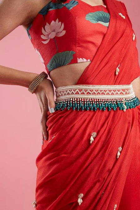 Shop Aayushi Maniar Red Crepe , Dola Printed And Draped Gharara Saree Online at Aza Fashions Shop_Aayushi Maniar_Red Crepe , Dola Printed And Draped Gharara Saree _Online_at_Aza_Fashions