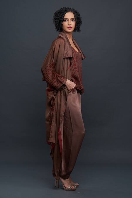 Bodhi Tree_Brown Viscose Cotton Printed Top V-neck Jacket Open And Dhoti Pant Set_Online_at_Aza_Fashions