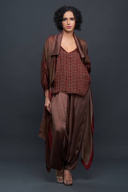 Buy_Bodhi Tree_Brown Viscose Cotton Printed Top V-neck Jacket Open And Dhoti Pant Set_Online_at_Aza_Fashions