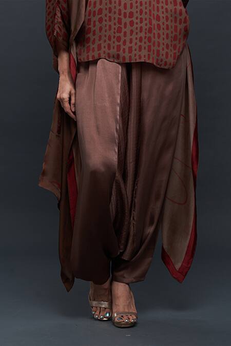 Shop_Bodhi Tree_Brown Viscose Cotton Printed Top V-neck Jacket Open And Dhoti Pant Set_Online_at_Aza_Fashions
