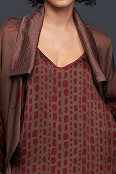 Bodhi Tree_Brown Viscose Cotton Printed Top V-neck Jacket Open And Dhoti Pant Set_at_Aza_Fashions