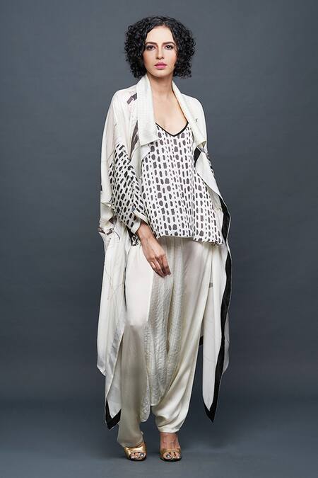 Buy Bodhi Tree White Viscose Cotton Top V-neck Jacket Open Printed And Dhoti Pant Set Online at Aza Fashions Buy_Bodhi Tree_White Viscose Cotton Top V-neck Jacket Open Printed And Dhoti Pant Set _Online_at_Aza_Fashions