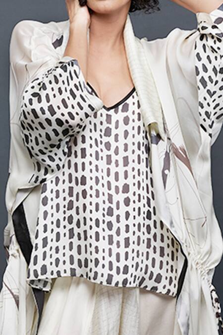 Shop Bodhi Tree White Viscose Cotton Top V-neck Jacket Open Printed And Dhoti Pant Set Online at Aza Fashions Shop_Bodhi Tree_White Viscose Cotton Top V-neck Jacket Open Printed And Dhoti Pant Set _Online_at_Aza_Fashions