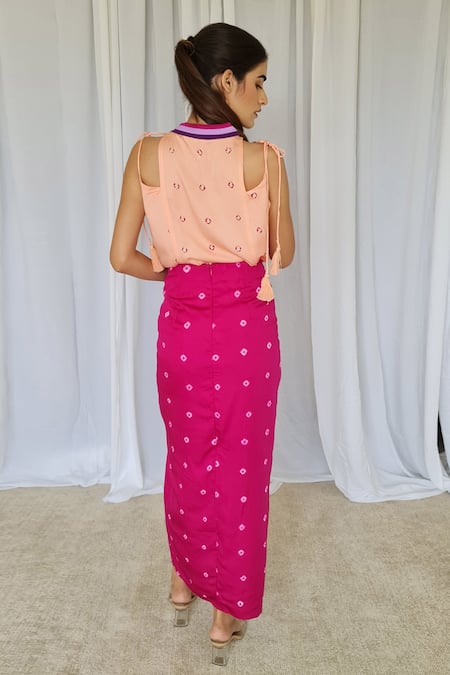 Shop Aapro Pink Modal Bandhej Print High Barcelona Top And Skirt Set at Aza Fashions Shop_Aapro_Pink Modal Bandhej Print High Barcelona Top And Skirt Set _at_Aza_Fashions