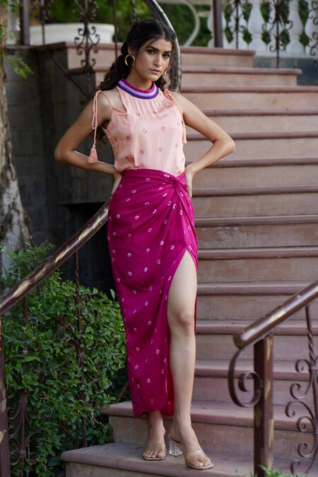 Shop Aapro Pink Modal Bandhej Print High Barcelona Top And Skirt Set Online at Aza Fashions Shop_Aapro_Pink Modal Bandhej Print High Barcelona Top And Skirt Set _Online_at_Aza_Fashions