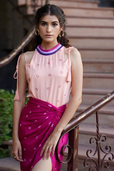 Aapro Pink Modal Bandhej Print High Barcelona Top And Skirt Set at Aza Fashions Aapro_Pink Modal Bandhej Print High Barcelona Top And Skirt Set _at_Aza_Fashions