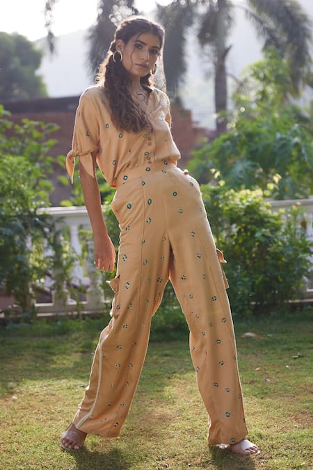 Shop Aapro Beige Modal Bandhej Collared Neck Arizona Shirt And Pant Set at Aza Fashions Shop_Aapro_Beige Modal Bandhej Collared Neck Arizona Shirt And Pant Set _at_Aza_Fashions